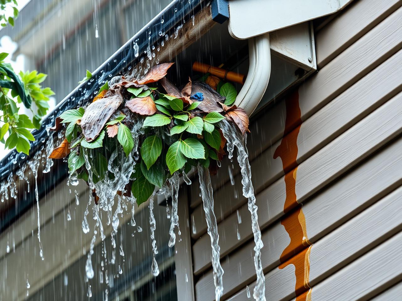 Severely clogged gutter overflowing with water cascading down building siding during heavy rain