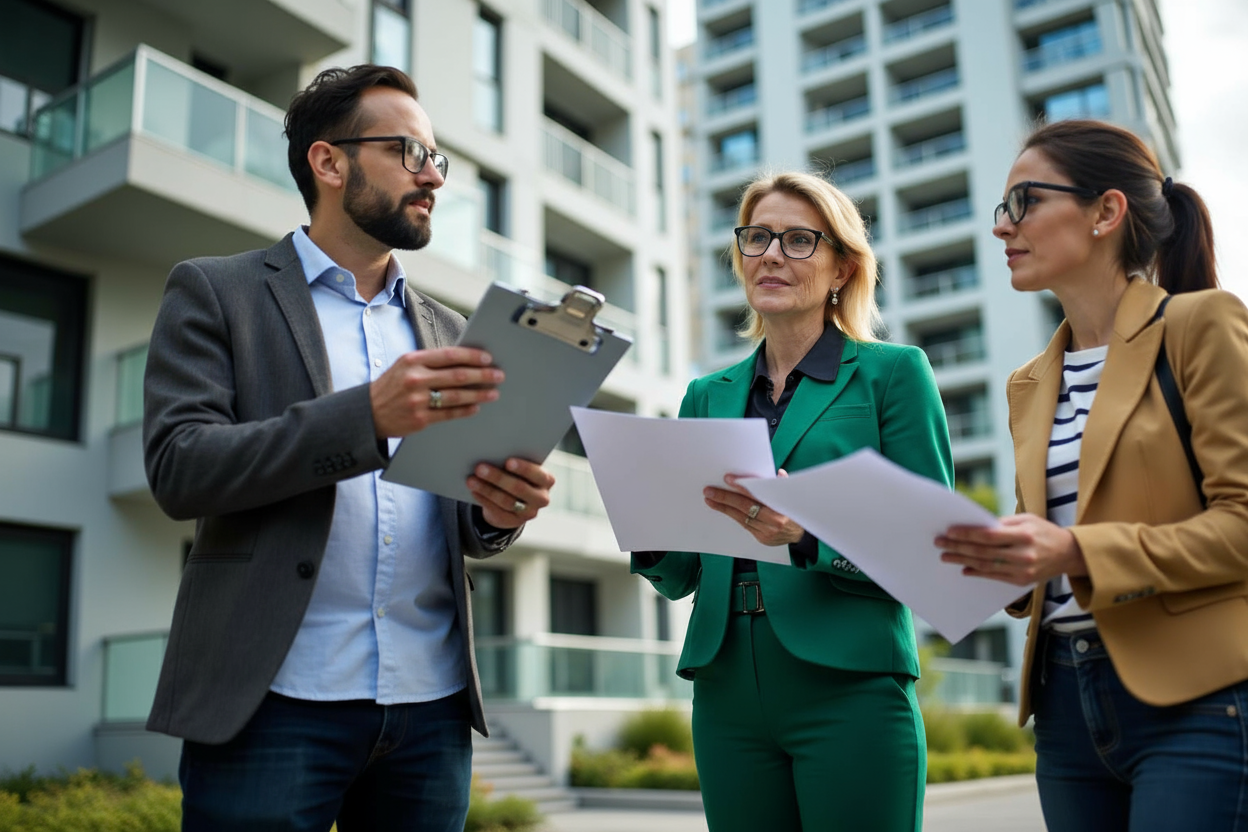 Emergency response team and strata council members reviewing emergency preparedness documentation at multi-unit building