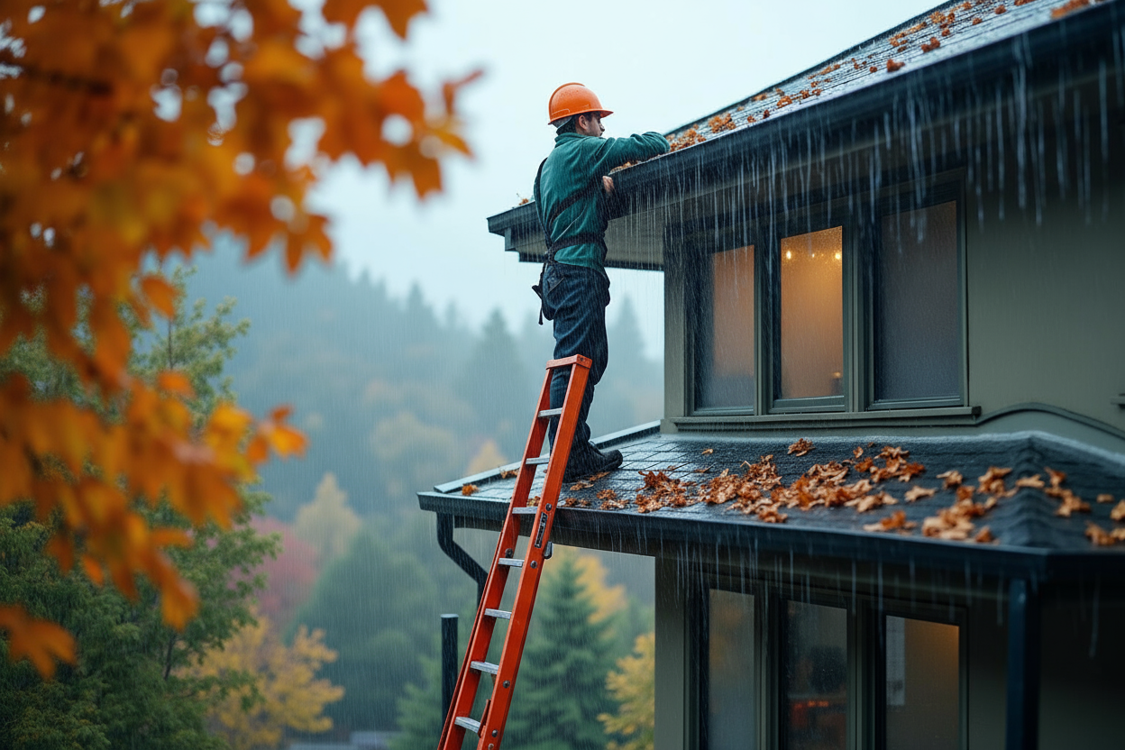 Maintenance worker on ladder inspecting clogged gutters with fall leaves on modern strata building in Chilliwack