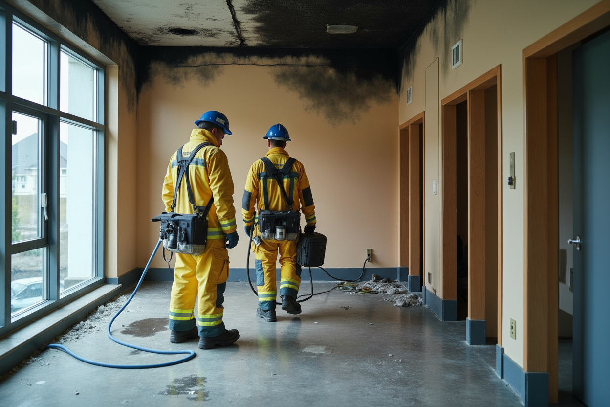 Fire damage restoration team in protective gear working in smoke-damaged strata building