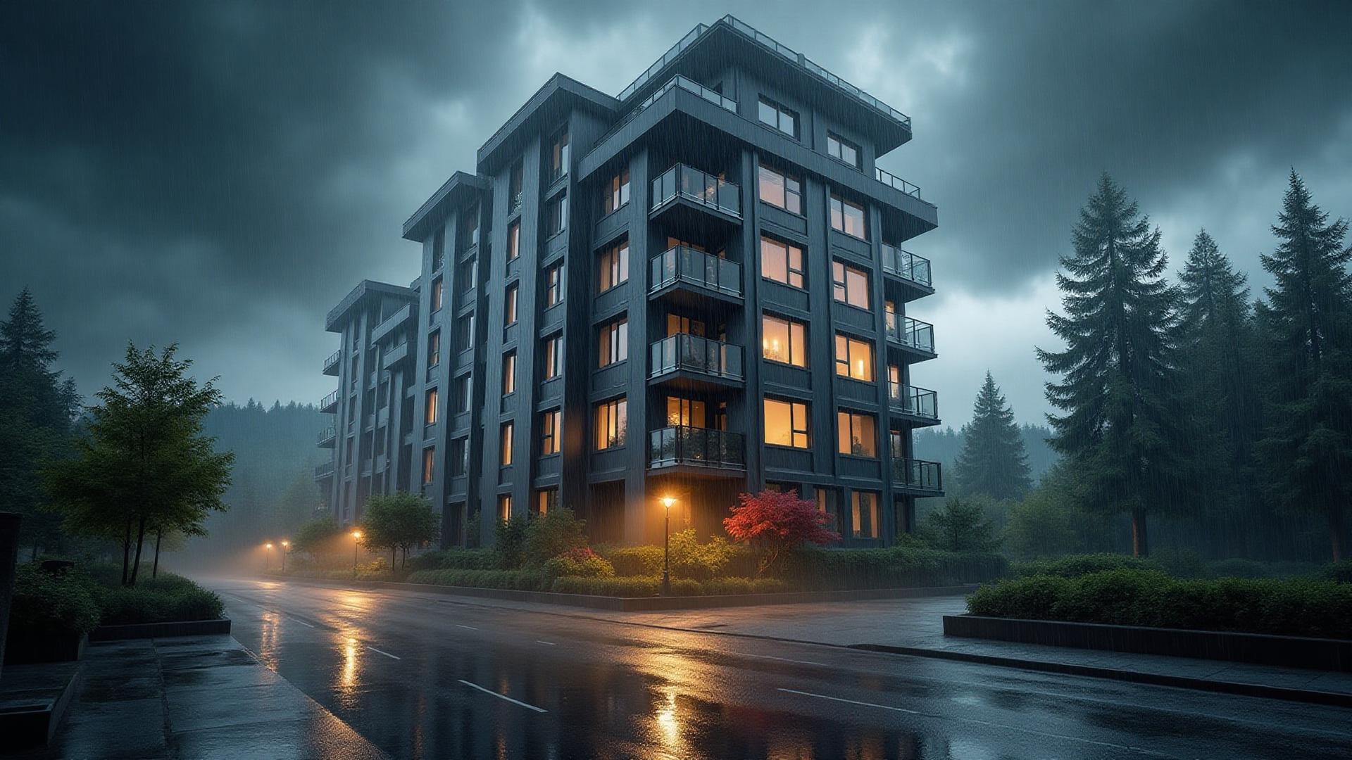 Heavy rain and storm clouds over modern strata building in Chilliwack showing water damage vulnerability during extreme weather