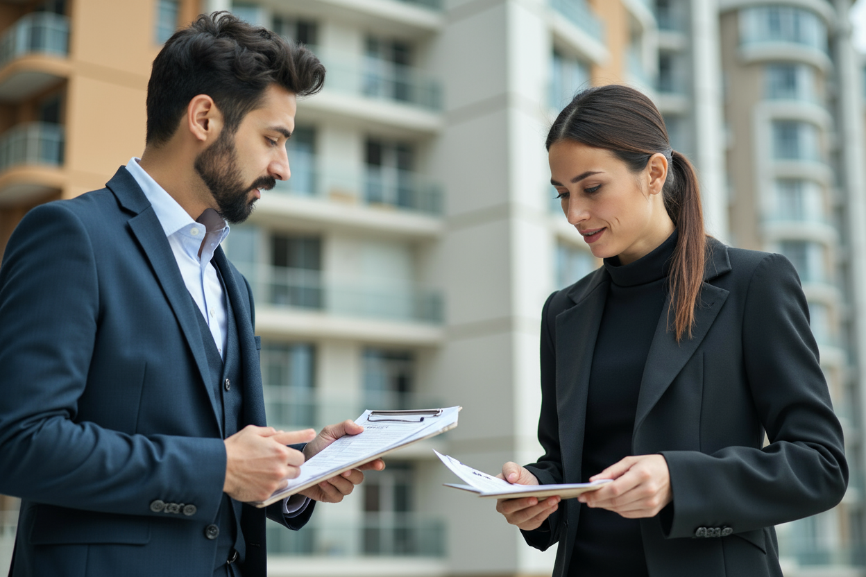 Insurance adjuster and property manager reviewing damage documentation for strata building claim