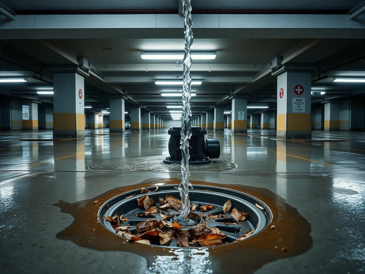 Strata building parkade with sump pump actively discharging water and catch basin with visible debris