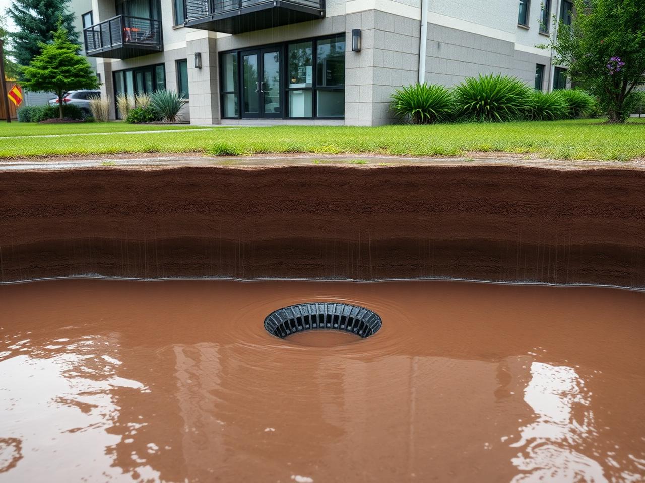 Saturated ground with standing water pooling against strata building foundation showing perimeter drain overwhelmed