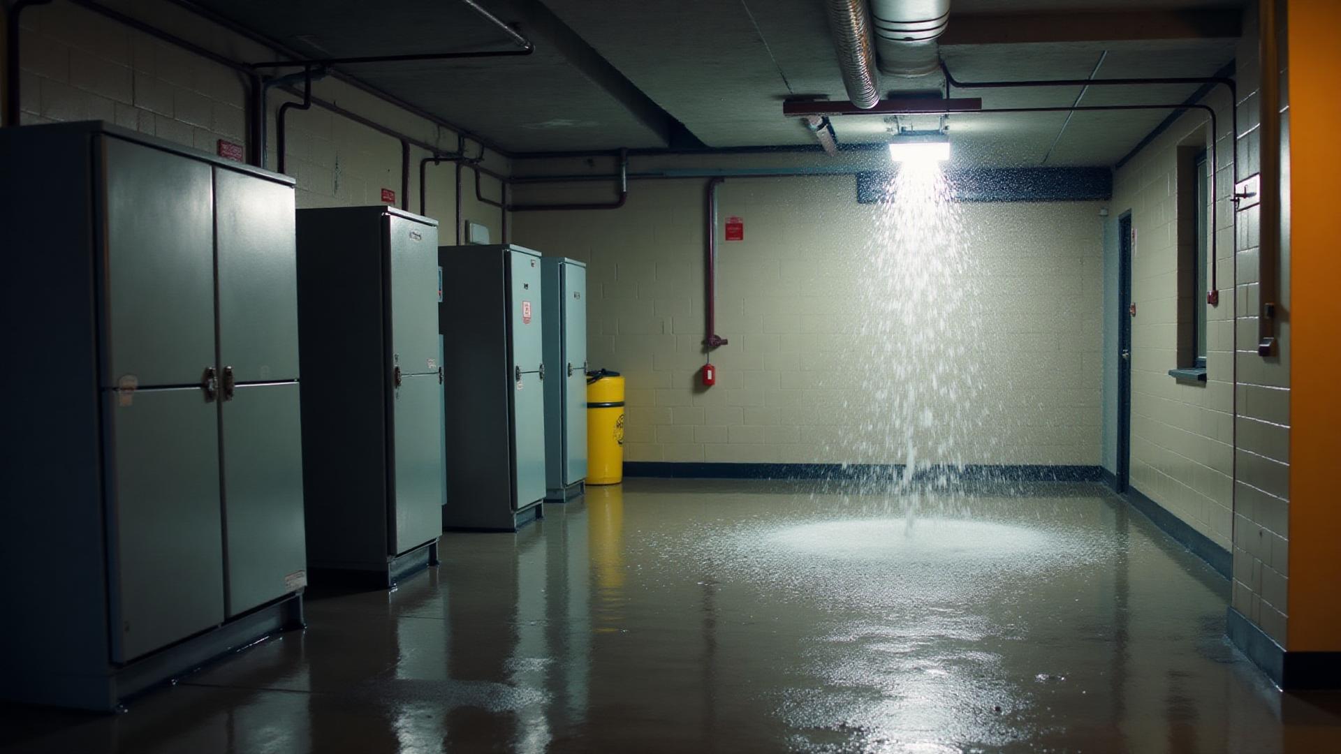 Burst pipe emergency with water spraying in strata building utility room