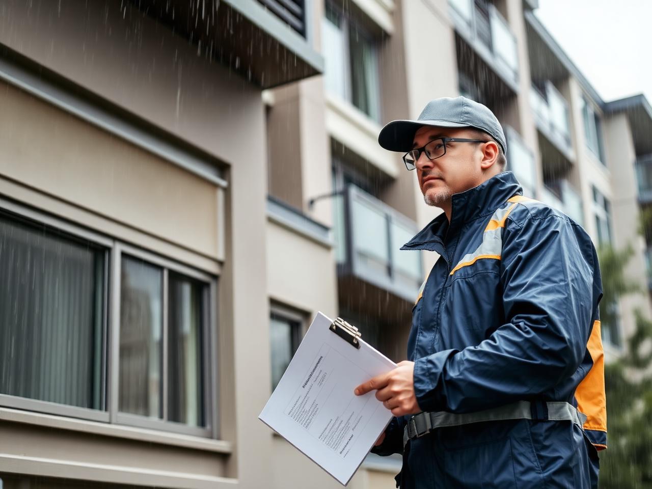 Property manager conducting thorough exterior strata building inspection with clipboard during rain