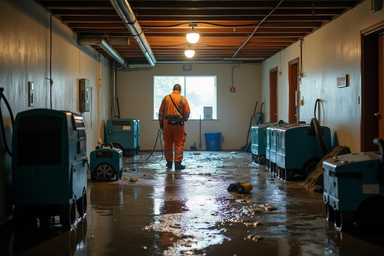 Water damage restoration equipment in flooded strata building basement