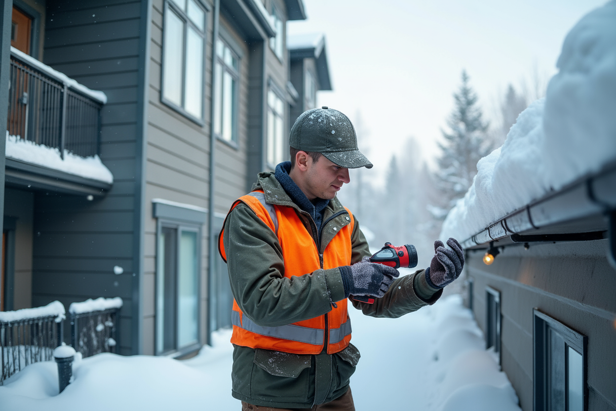 Maintenance worker inspecting frozen gutters on snow-covered strata building in Chilliwack winter